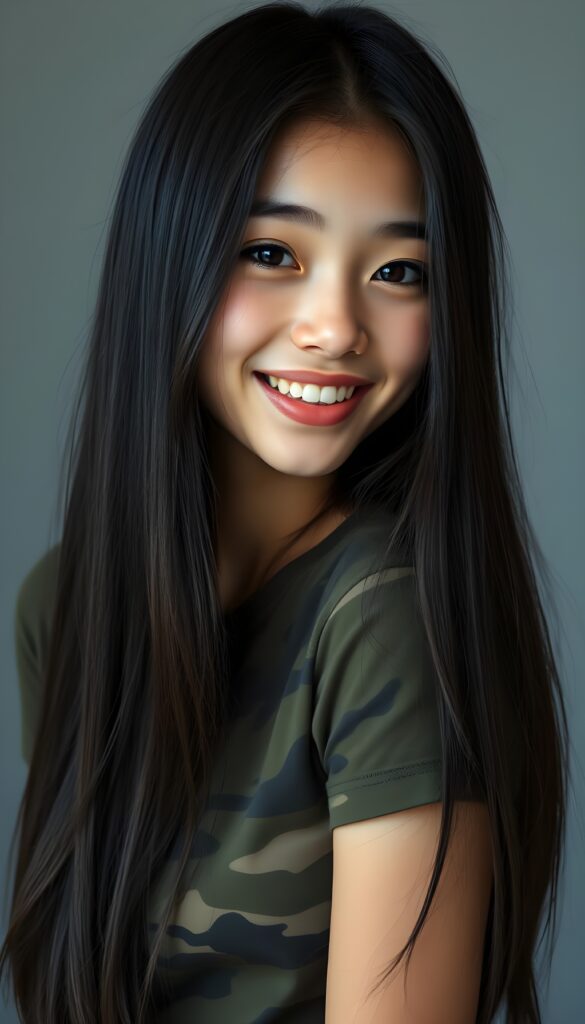 A pretty, young girl with long, straight black hair, dark eyes, flawless, soft skin, full lips, and white teeth. Her hair frames her angelic, round face and falls gently over her shoulders. She’s wearing a tight T-shirt in camouflage colors. She’s making a funny face and looking cheekily at the camera and smile. Grey Backdrop. Perfect curved female body.