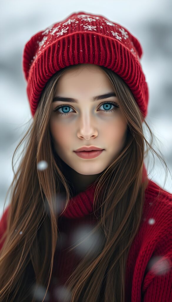 A pretty young girl with silky brown hair and black hinglights, deep blue eyes, and flawless skin. She is wearing a red Christmas hat and a red, fine thin wool sweater, support her perfect curved female figure. White, snowy backdrop in the mountains.