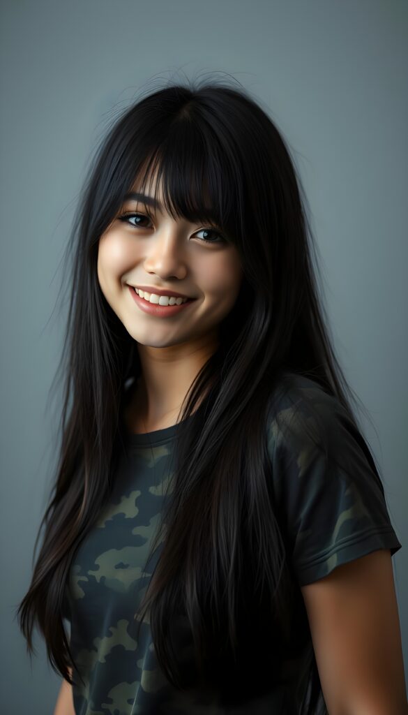 A pretty, young girl with long, straight black hair, dark eyes, flawless, soft skin, full lips, and white teeth. Her hair frames her angelic, round face and falls gently over her shoulders. She’s wearing a tight T-shirt in camouflage colors. She’s making a funny face and looking cheekily at the camera and smile. Grey Backdrop. Perfect curved female body.
