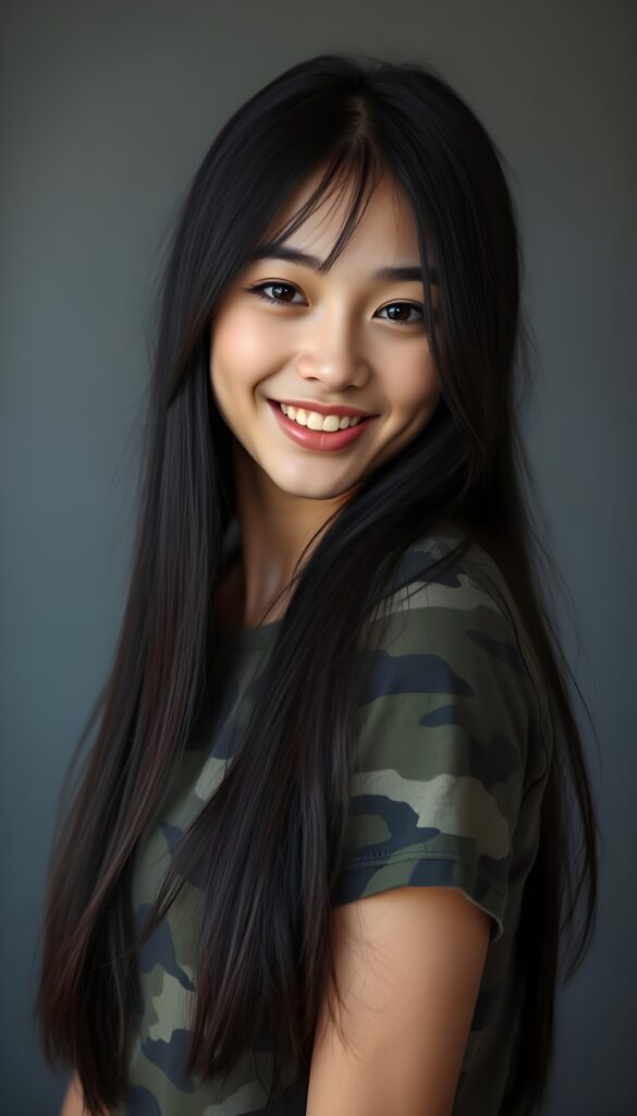 A pretty, young girl with long, straight black hair, dark eyes, flawless, soft skin, full lips, and white teeth. Her hair frames her angelic, round face and falls gently over her shoulders. She’s wearing a tight T-shirt in camouflage colors. She’s making a funny face and looking cheekily at the camera and smile. Grey Backdrop. Perfect curved female body.