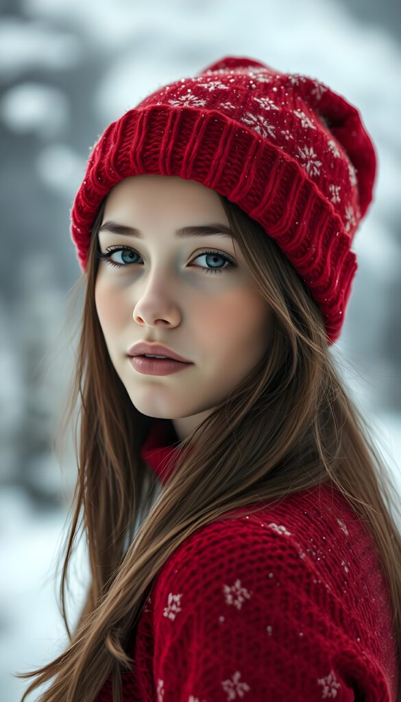 A pretty young girl with silky brown hair and black hinglights, deep blue eyes, and flawless skin. She is wearing a red Christmas hat and a red, fine thin wool sweater, support her perfect curved female figure. White, snowy backdrop in the mountains.