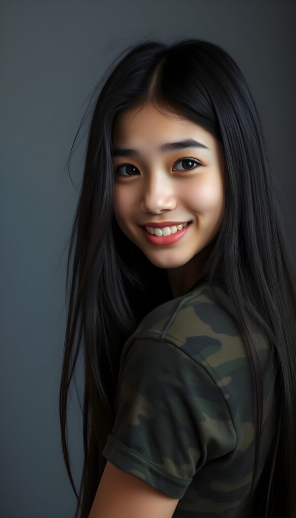 A pretty, young girl with long, straight black hair, dark eyes, flawless, soft skin, full lips, and white teeth. Her hair frames her angelic, round face and falls gently over her shoulders. She’s wearing a tight T-shirt in camouflage colors. She’s making a funny face and looking cheekily at the camera and smile. Grey Backdrop. Perfect curved female body.