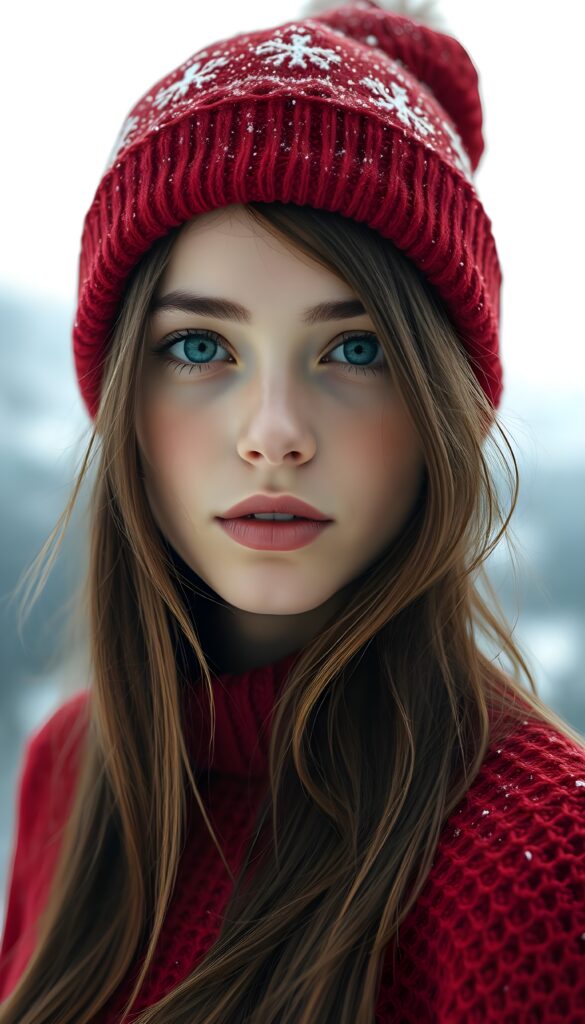 A pretty young girl with silky brown hair and black hinglights, deep blue eyes, and flawless skin. She is wearing a red Christmas hat and a red, fine thin wool sweater, support her perfect curved female figure. White, snowy backdrop in the mountains.