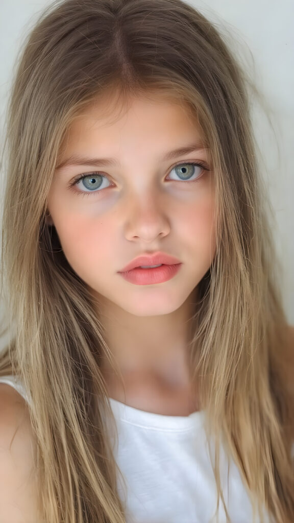 A (((professional photograph))) featuring a beautiful young teen girl with a sleek ((brown super long straight soft hair)), wearing a (((cotton tank top))), posing full body. Her lips are a vibrant (((red color))), and she has large, ((almond-shaped eyelashes)), that really compliment her features. Her skin is (fair), with (pale) cheeks that match her eyes perfectly. She exudes an air of (magnificence) and attention to detail, make her look like a model in fromt he teen years. A close up shot, head bust, capturing her perfectly serene yet vivacious essence.