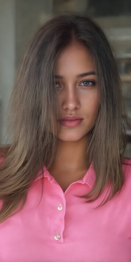 A (((professional full body photograph))) featuring a youthful, alluring (((female with long, dark brown hair))), who has been meticulously styled for the session. Her outfit comprises a sleek, form-fitting (((plain pink polo shirt)), which complements her looking effortlessly chic. The sunbeams have caught her hair in a playful dance, creating a vivid juxtaposition against her olive complexion. She exudes an air of confidence and allure, turning the entire scene into a truly breathtaking moment of pure beauty and elegance.