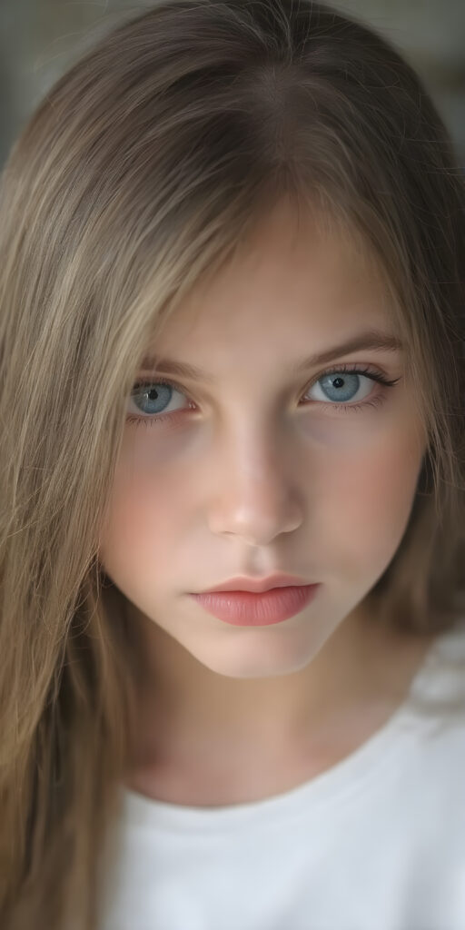 A (((professional photograph))) featuring a beautiful young teen girl with a sleek ((brown super long straight soft hair)), wearing a (((cotton tank top))), posing full body. Her lips are a vibrant (((red color))), and she has large, ((almond-shaped eyelashes)), that really compliment her features. Her skin is (fair), with (pale) cheeks that match her eyes perfectly. She exudes an air of (magnificence) and attention to detail, make her look like a model in fromt he teen years. A close up shot, head bust, capturing her perfectly serene yet vivacious essence.