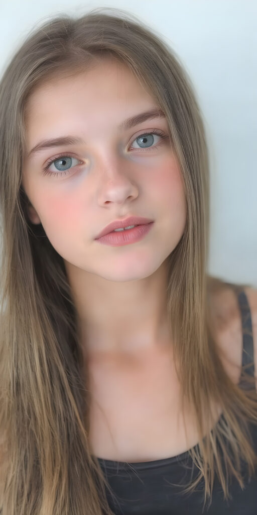 A (((professional photograph))) featuring a beautiful young teen girl with a sleek ((brown super long straight soft hair)), wearing a (((cotton tank top))), posing full body. Her lips are a vibrant (((red color))), and she has large, ((almond-shaped eyelashes)), that really compliment her features. Her skin is (fair), with (pale) cheeks that match her eyes perfectly. She exudes an air of (magnificence) and attention to detail, make her look like a model in fromt he teen years. A close up shot, head bust, capturing her perfectly serene yet vivacious essence.