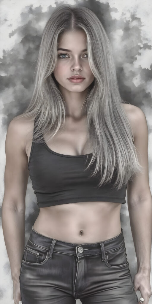 A (((professional full body hand charcoal drawing))) featuring a beautiful busty young teen girl, exuding seductive charm, in a mix of (((cropped tank top and tight jeans pants))), with luxuriously long, straight soft blonde hair flowing down to her waist, perfectly curved body, revealing her slender, yet beautifully proportioned belly button.