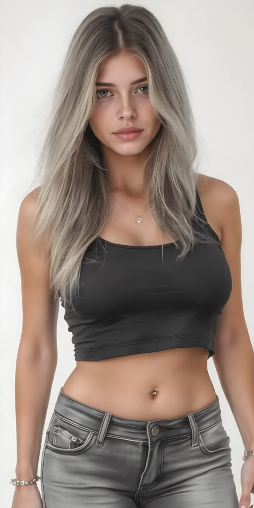 A (((professional full body hand charcoal drawing))) featuring a beautiful busty young teen girl, exuding seductive charm, in a mix of (((cropped tank top and tight jeans pants))), with luxuriously long, straight soft blonde hair flowing down to her waist, perfectly curved body, revealing her slender, yet beautifully proportioned belly button.