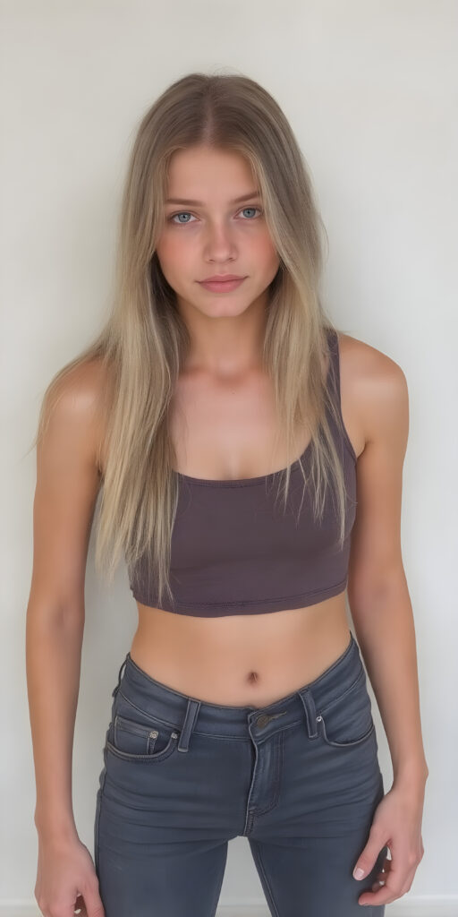 A (((professional full body photograph))) featuring a beautiful young teen girl, exuding seductive charm, in a mix of (((cropped tank top and tight jeans pants))), with luxuriously long, straight soft blonde hair flowing down to her waist, perfectly curved body, revealing her slender, yet beautifully proportioned belly button.