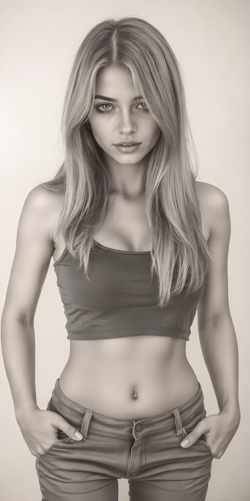 A (((professional full body hand charcoal drawing))) featuring a beautiful busty young teen girl, exuding seductive charm, in a mix of (((cropped tank top and tight jeans pants))), with luxuriously long, straight soft blonde hair flowing down to her waist, perfectly curved body, revealing her slender, yet beautifully proportioned belly button.