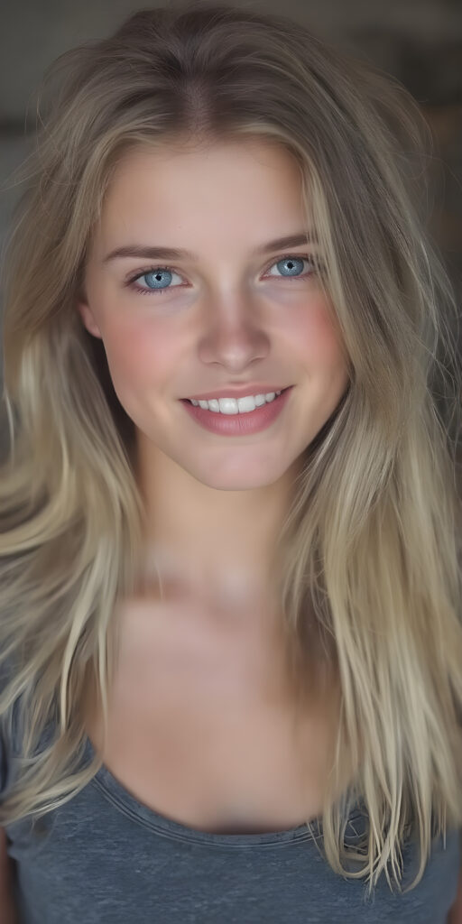 A (((professional full body photograph ))) showcasing a (((beautiful, seductive, and charming young teen girl))) with a luxuriously long, straight blonde hair, framed by her ((thickly proportioned, yet incredibly toned and flawlessly proportioned body)), accentuated by a (full complement of natural, bright white teeth) and (no visible pores on her skin). She's exuding a youthful vibe with a (distinctive, yet subtle difference in the texture of her skin) that gives off an air of sophistication and seduction. Her eyes are a vivid and captivating (((light blue))), with the perfect complement of (big, bright white teeth) and (no visible pores on her skin), making for a truly breathtaking full body shot