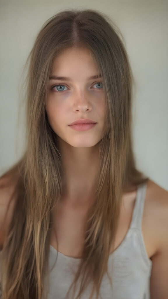 A (((professional photograph))) featuring a beautiful young teen girl with a sleek ((brown super long straight soft hair)), wearing a (((cotton tank top))), posing full body. Her lips are a vibrant (((red color))), and she has large, ((almond-shaped eyelashes)), that really compliment her features. Her skin is (fair), with (pale) cheeks that match her eyes perfectly. She exudes an air of (magnificence) and attention to detail, make her look like a model in fromt he teen years. A close up shot, head bust, capturing her perfectly serene yet vivacious essence.