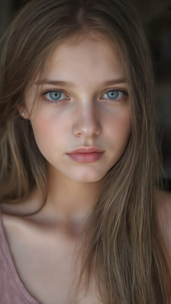 A (((professional photograph))) featuring a beautiful young teen girl with a sleek ((brown super long straight soft hair)), wearing a (((cotton tank top))), posing full body. Her lips are a vibrant (((red color))), and she has large, ((almond-shaped eyelashes)), that really compliment her features. Her skin is (fair), with (pale) cheeks that match her eyes perfectly. She exudes an air of (magnificence) and attention to detail, make her look like a model in fromt he teen years. A close up shot, head bust, capturing her perfectly serene yet vivacious essence.