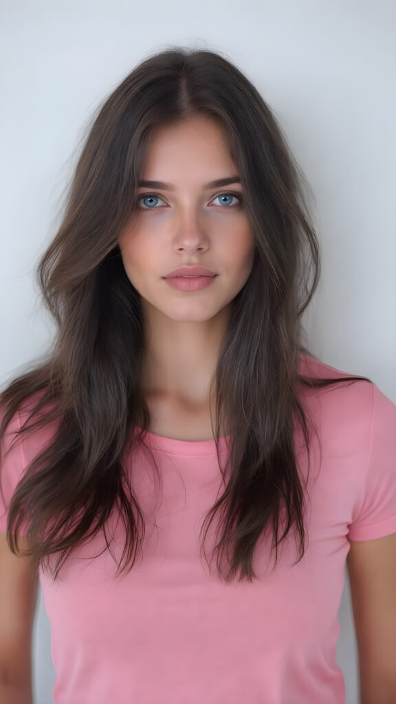 A (((professional photograph))) featuring a (((beautiful well busty girl))) with striking (((long, flowing black hair))), and (((vividly blue eyes))), dressed in a (((short, pink t-shirt that emphasizes her perfect body))), accentuating her toned figure with a (seductive look). The backdrop is a (((white studio))) where the light reflects off her skin, creating a soft glow around her. She wears a light blue lipstick that highlights her features in the photo, emphasizing her natural beauty. The overall atmosphere of the photo is (((calm and inviting))), perfect for a (((high-quality, 8K image))), capturing her in a moment of elegance and charm