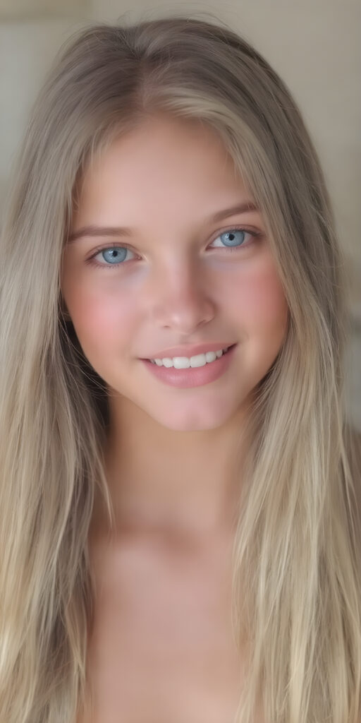 A (((professional full body photograph ))) showcasing a (((beautiful, seductive, and charming young teen girl))) with a luxuriously long, straight blonde hair, framed by her ((thickly proportioned, yet incredibly toned and flawlessly proportioned body)), accentuated by a (full complement of natural, bright white teeth) and (no visible pores on her skin). She's exuding a youthful vibe with a (distinctive, yet subtle difference in the texture of her skin) that gives off an air of sophistication and seduction. Her eyes are a vivid and captivating (((light blue))), with the perfect complement of (big, bright white teeth) and (no visible pores on her skin), making for a truly breathtaking full body shot