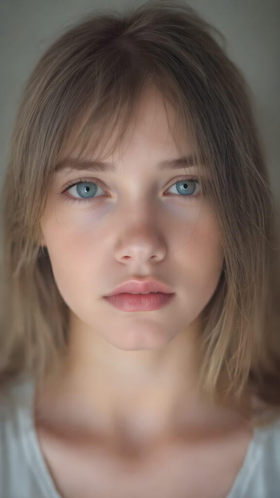 A (((professional photograph))) featuring a beautiful young teen girl with ((brown straight soft hair)), wearing a (((cotton tank top))), posing full body. Her lips are a vibrant (((red color))), and she has large, ((almond-shaped eyelashes)), that really compliment her features. Her skin is (fair), with (pale) cheeks that match her eyes perfectly. She exudes an air of (magnificence) and attention to detail, make her look like a model in teen years. A close up shot, head bust, capturing her perfectly serene yet vivacious essence.