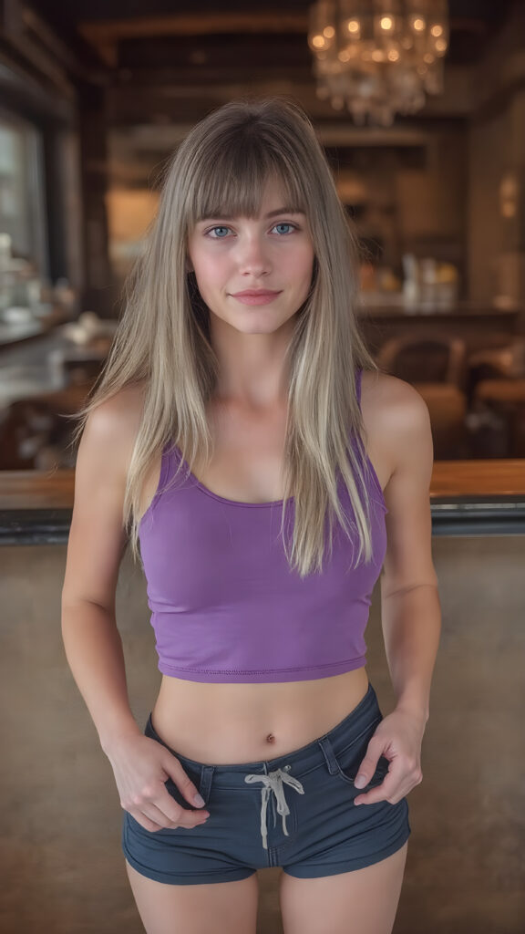 A (((professional full body photograph))) featuring a (((beautiful young cute girl, perfect curved fit body))) with long, straight, thick, untucked natural white blond and brownish hair cut bangs style, perfect eyes, natural light makeup, and a whimsically playful expression that gives off an air of perfection. She wears a (((deep neck purple short tank top))) with a ((perfectly proportioned body and intricate details)) and ((no wrinkles or imperfections)), paired with classic navy blue and white sneakers. The scene is captured from a luxurious (((upper class saloon))) with a (((high-resolution, digital camera))) and advanced lighting effects that bring out her features and the overall mood of the image. She is in a (((perfect, symmetrically arranged pose))) with her hands on her thighs and feet, showcasing the full body image with a (tall, athletic frame) that exudes perfection and attention to detail. (((8K, Ultra High Definition, Intricate details, hyper-realistic)))