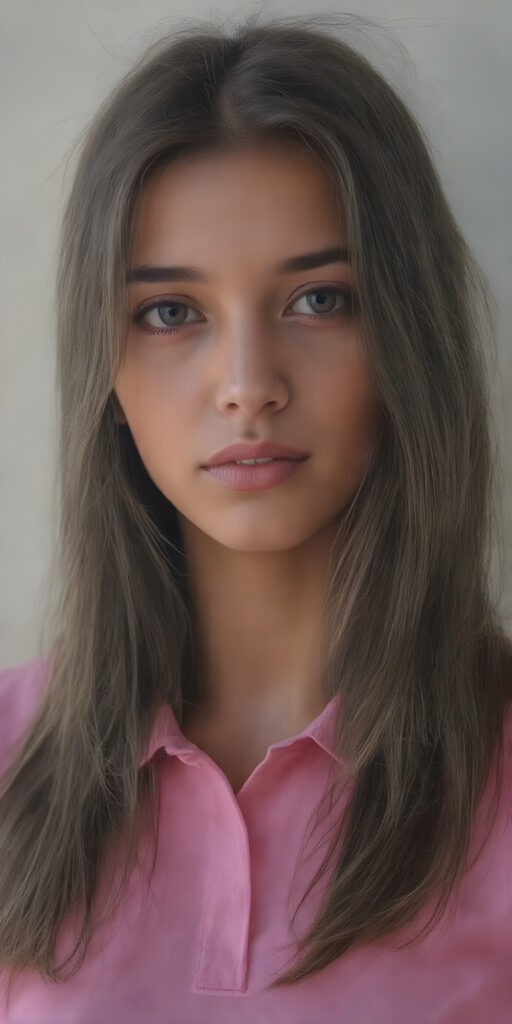 A (((professional full body photograph))) featuring a youthful, alluring (((female with long, dark brown hair))), who has been meticulously styled for the session. Her outfit comprises a sleek, form-fitting (((plain pink polo shirt)), which complements her looking effortlessly chic. The sunbeams have caught her hair in a playful dance, creating a vivid juxtaposition against her olive complexion. She exudes an air of confidence and allure, turning the entire scene into a truly breathtaking moment of pure beauty and elegance.