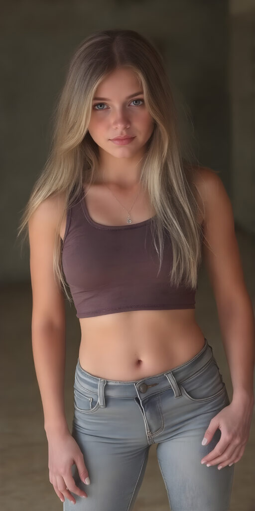 A (((professional full body photograph))) featuring a beautiful young teen girl, exuding seductive charm, in a mix of (((cropped tank top and tight jeans pants))), with luxuriously long, straight soft blonde hair flowing down to her waist, perfectly curved body, revealing her slender, yet beautifully proportioned belly button.