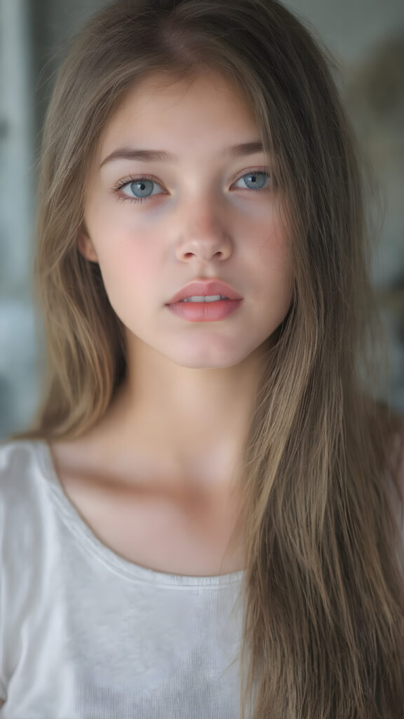 A (((professional photograph))) featuring a beautiful young teen girl with a sleek ((brown super long straight soft hair)), wearing a (((cotton tank top))), posing full body. Her lips are a vibrant (((red color))), and she has large, ((almond-shaped eyelashes)), that really compliment her features. Her skin is (fair), with (pale) cheeks that match her eyes perfectly. She exudes an air of (magnificence) and attention to detail, make her look like a model in fromt he teen years. A close up shot, head bust, capturing her perfectly serene yet vivacious essence.