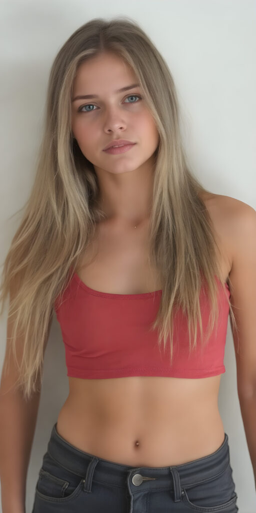 A (((professional full body photograph))) featuring a beautiful young teen girl, exuding seductive charm, in a mix of (((cropped tank top and tight jeans pants))), with luxuriously long, straight soft blonde hair flowing down to her waist, perfectly curved body, revealing her slender, yet beautifully proportioned belly button.