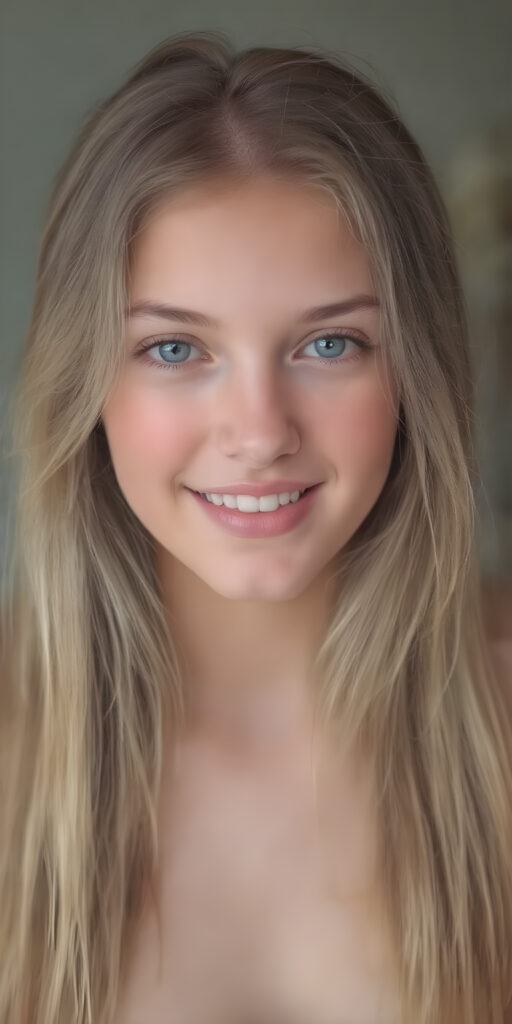 A (((professional full body photograph ))) showcasing a (((beautiful, seductive, and charming young teen girl))) with a luxuriously long, straight blonde hair, framed by her ((thickly proportioned, yet incredibly toned and flawlessly proportioned body)), accentuated by a (full complement of natural, bright white teeth) and (no visible pores on her skin). She's exuding a youthful vibe with a (distinctive, yet subtle difference in the texture of her skin) that gives off an air of sophistication and seduction. Her eyes are a vivid and captivating (((light blue))), with the perfect complement of (big, bright white teeth) and (no visible pores on her skin), making for a truly breathtaking full body shot
