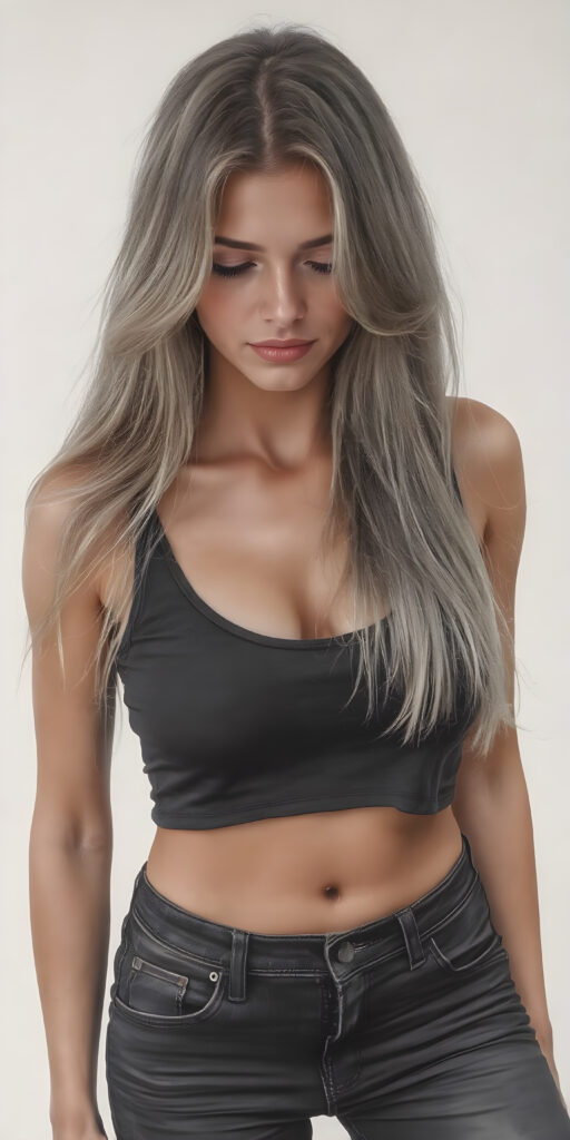 A (((professional full body hand charcoal drawing))) featuring a beautiful busty young teen girl, exuding seductive charm, in a mix of (((cropped tank top and tight jeans pants))), with luxuriously long, straight soft blonde hair flowing down to her waist, perfectly curved body, revealing her slender, yet beautifully proportioned belly button.