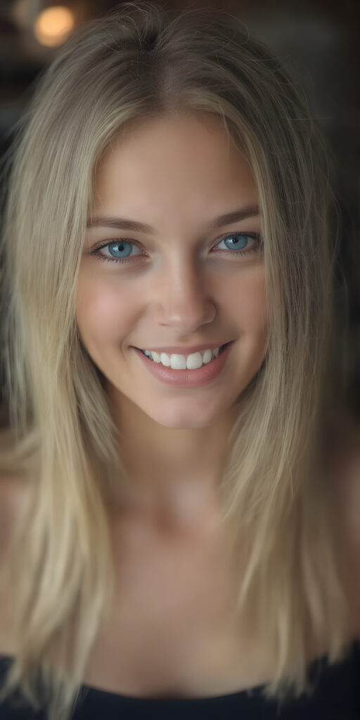 A (((professional full body photograph ))) showcasing a (((beautiful, seductive, and charming young teen girl))) with a luxuriously long, straight blonde hair, framed by her ((thickly proportioned, yet incredibly toned and flawlessly proportioned body)), accentuated by a (full complement of natural, bright white teeth) and (no visible pores on her skin). She's exuding a youthful vibe with a (distinctive, yet subtle difference in the texture of her skin) that gives off an air of sophistication and seduction. Her eyes are a vivid and captivating (((light blue))), with the perfect complement of (big, bright white teeth) and (no visible pores on her skin), making for a truly breathtaking full body shot