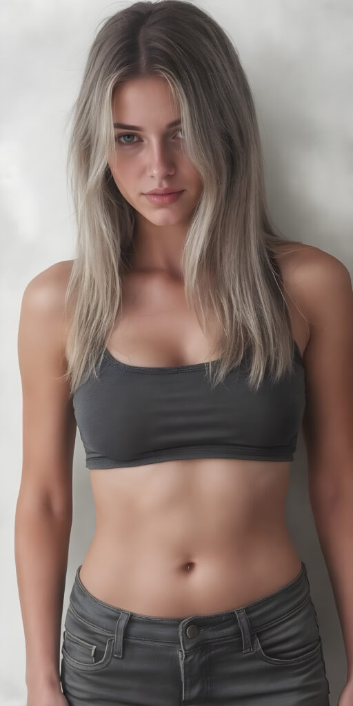 A (((professional full body hand charcoal drawing))) featuring a beautiful busty young teen girl, exuding seductive charm, in a mix of (((cropped tank top and tight jeans pants))), with luxuriously long, straight soft blonde hair flowing down to her waist, perfectly curved body, revealing her slender, yet beautifully proportioned belly button.