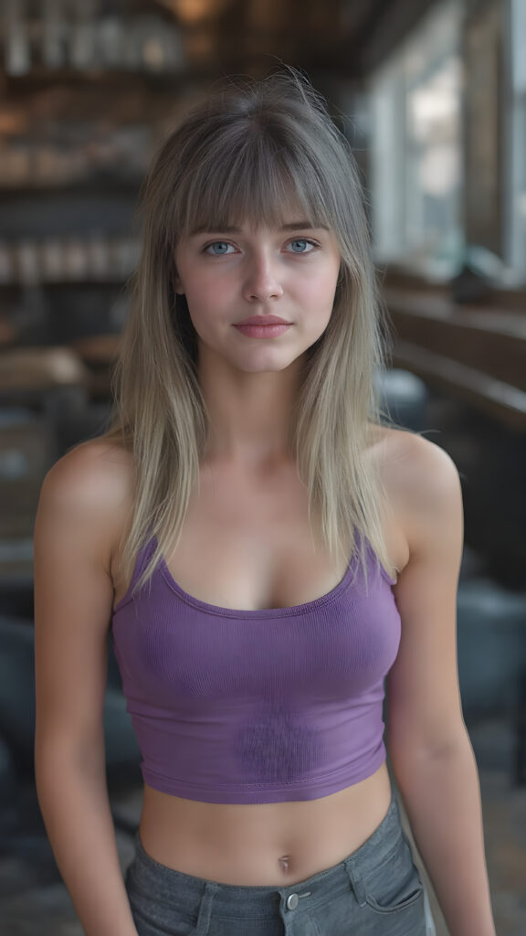 A (((professional full body photograph))) featuring a (((beautiful young cute girl, perfect curved fit body))) with long, straight, thick, untucked natural white blond and brownish hair cut bangs style, perfect eyes, natural light makeup, and a whimsically playful expression that gives off an air of perfection. She wears a (((deep neck purple short tank top))) with a ((perfectly proportioned body and intricate details)) and ((no wrinkles or imperfections)), paired with classic navy blue and white sneakers. The scene is captured from a luxurious (((upper class saloon))) with a (((high-resolution, digital camera))) and advanced lighting effects that bring out her features and the overall mood of the image. She is in a (((perfect, symmetrically arranged pose))) with her hands on her thighs and feet, showcasing the full body image with a (tall, athletic frame) that exudes perfection and attention to detail. (((8K, Ultra High Definition, Intricate details, hyper-realistic)))