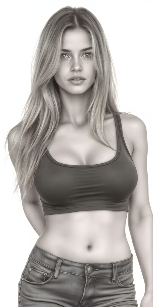 A (((professional full body hand charcoal drawing))) featuring a beautiful busty young teen girl, exuding seductive charm, in a mix of (((cropped tank top and tight jeans pants))), with luxuriously long, straight soft blonde hair flowing down to her waist, perfectly curved body, revealing her slender, yet beautifully proportioned belly button.