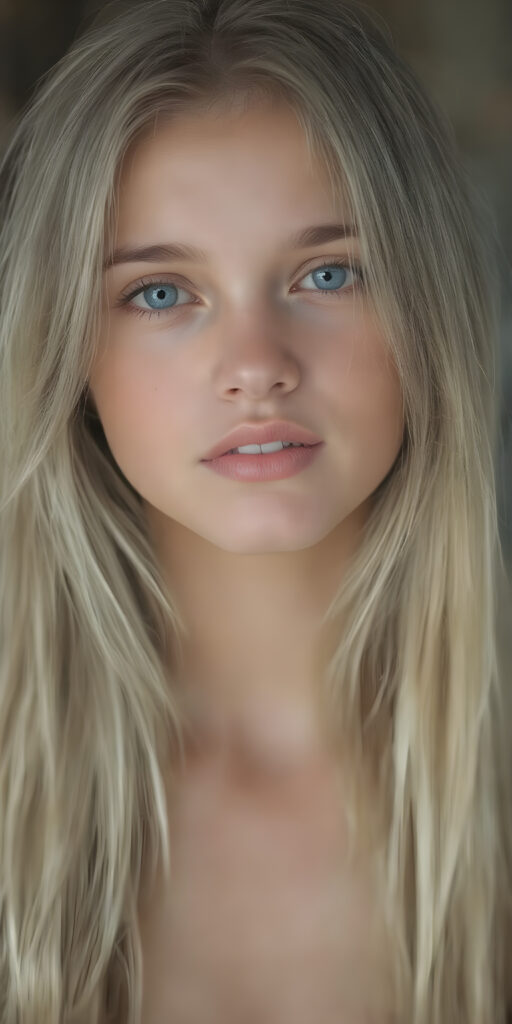 A (((professional full body photograph ))) showcasing a (((beautiful, seductive, and charming young teen girl))) with a luxuriously long, straight blonde hair, framed by her ((thickly proportioned, yet incredibly toned and flawlessly proportioned body)), accentuated by a (full complement of natural, bright white teeth) and (no visible pores on her skin). She's exuding a youthful vibe with a (distinctive, yet subtle difference in the texture of her skin) that gives off an air of sophistication and seduction. Her eyes are a vivid and captivating (((light blue))), with the perfect complement of (big, bright white teeth) and (no visible pores on her skin), making for a truly breathtaking full body shot