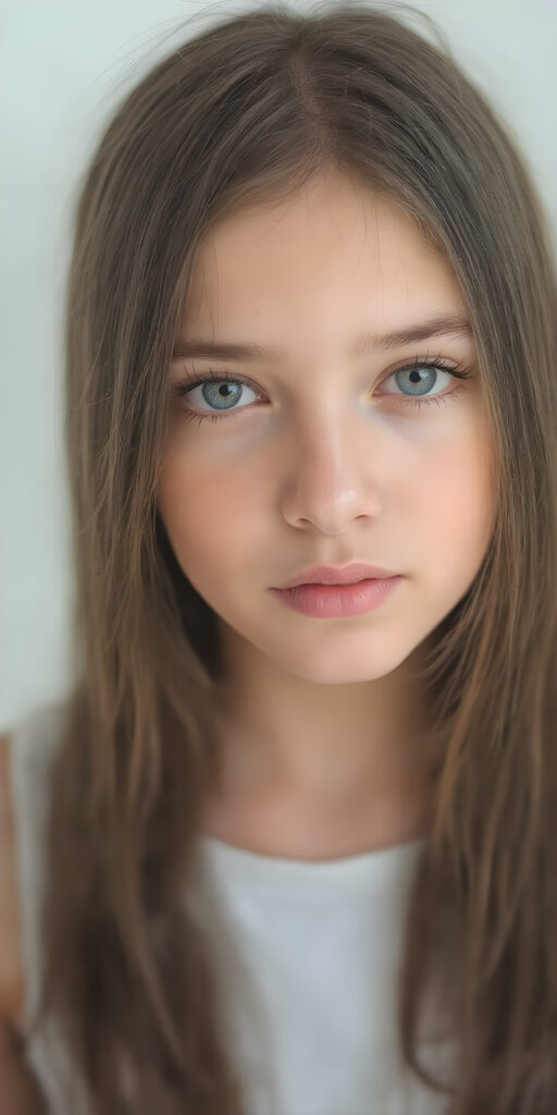 A (((professional photograph))) featuring a beautiful young teen girl with a sleek ((brown super long straight soft hair)), wearing a (((cotton tank top))), posing full body. Her lips are a vibrant (((red color))), and she has large, ((almond-shaped eyelashes)), that really compliment her features. Her skin is (fair), with (pale) cheeks that match her eyes perfectly. She exudes an air of (magnificence) and attention to detail, make her look like a model in fromt he teen years. A close up shot, head bust, capturing her perfectly serene yet vivacious essence.