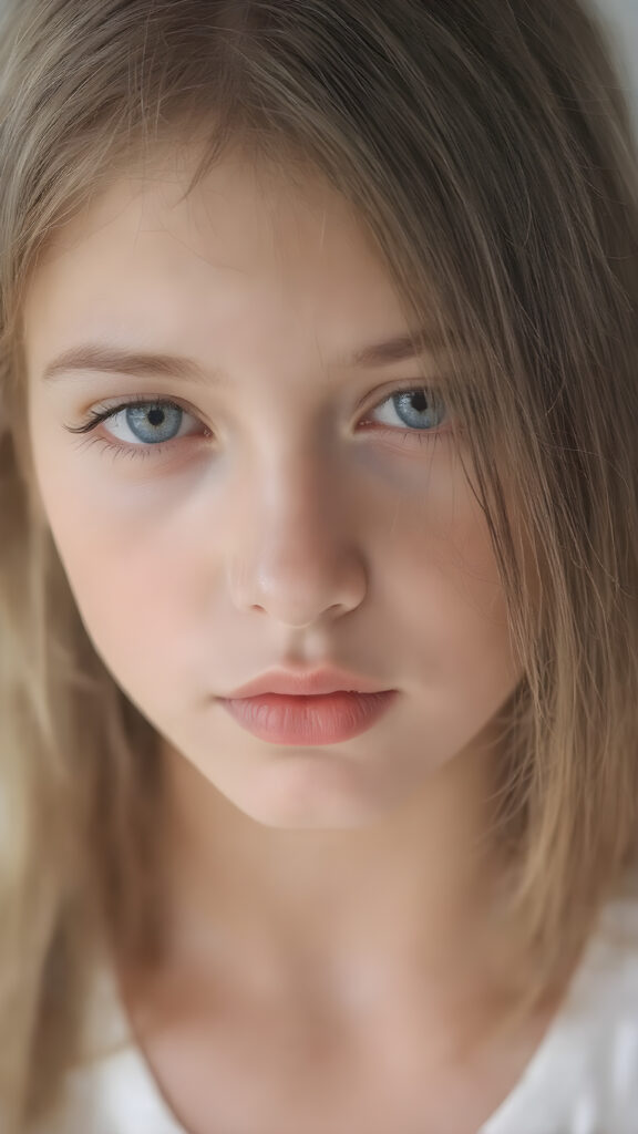 A (((professional photograph))) featuring a beautiful young teen girl with ((brown straight soft hair)), wearing a (((cotton tank top))), posing full body. Her lips are a vibrant (((red color))), and she has large, ((almond-shaped eyelashes)), that really compliment her features. Her skin is (fair), with (pale) cheeks that match her eyes perfectly. She exudes an air of (magnificence) and attention to detail, make her look like a model in teen years. A close up shot, head bust, capturing her perfectly serene yet vivacious essence.