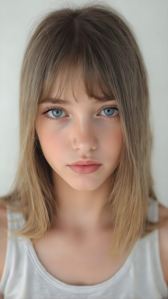 A (((professional photograph))) featuring a beautiful young teen girl with ((brown straight soft hair)), wearing a (((cotton tank top))), posing full body. Her lips are a vibrant (((red color))), and she has large, ((almond-shaped eyelashes)), that really compliment her features. Her skin is (fair), with (pale) cheeks that match her eyes perfectly. She exudes an air of (magnificence) and attention to detail, make her look like a model in teen years. A close up shot, head bust, capturing her perfectly serene yet vivacious essence.