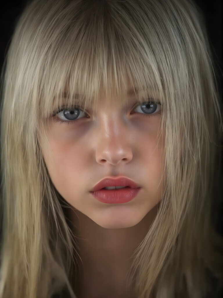 A (((professional photograph))) featuring a girl with beautifully straight, long, flowing blond hair framing her face, intricate details and patterns that mimic the texture of skin, with perfectly symmetrical, evenly spaced bangs that extend gracefully outwards. Her lips are full, painted in dramatic red color contrasted by the black background, creating a stunningly visual impact