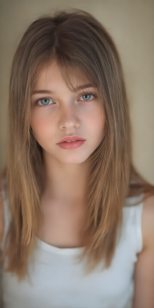 A (((professional photograph))) featuring a beautiful young teen girl with a sleek ((brown super long straight soft hair)), wearing a (((cotton tank top))), posing full body. Her lips are a vibrant (((red color))), and she has large, ((almond-shaped eyelashes)), that really compliment her features. Her skin is (fair), with (pale) cheeks that match her eyes perfectly. She exudes an air of (magnificence) and attention to detail, make her look like a model in fromt he teen years. A close up shot, head bust, capturing her perfectly serene yet vivacious essence.