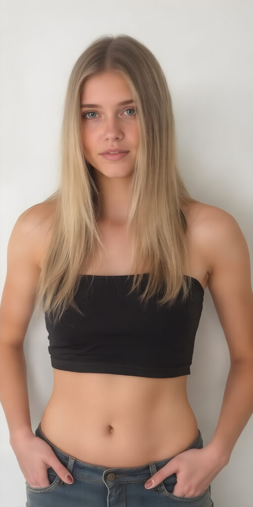 A (((professional full body photograph))) featuring a beautiful young teen girl, exuding seductive charm, in a mix of (((cropped tank top and tight jeans pants))), with luxuriously long, straight soft blonde hair flowing down to her waist, perfectly curved body, revealing her slender, yet beautifully proportioned belly button.