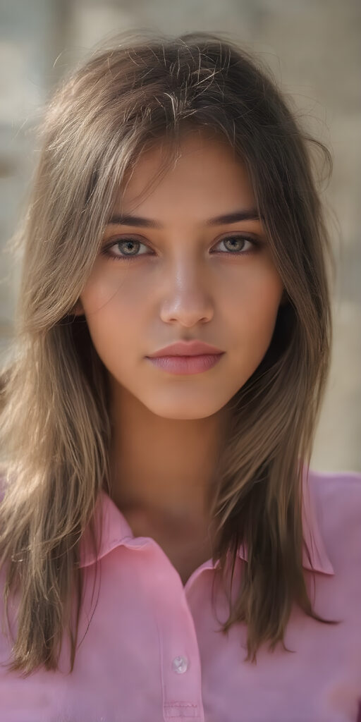 A (((professional full body photograph))) featuring a youthful, alluring (((female with long, dark brown hair))), who has been meticulously styled for the session. Her outfit comprises a sleek, form-fitting (((plain pink polo shirt)), which complements her looking effortlessly chic. The sunbeams have caught her hair in a playful dance, creating a vivid juxtaposition against her olive complexion. She exudes an air of confidence and allure, turning the entire scene into a truly breathtaking moment of pure beauty and elegance.