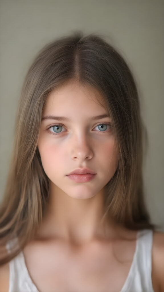 A (((professional photograph))) featuring a beautiful young teen girl with a sleek ((brown super long straight soft hair)), wearing a (((cotton tank top))), posing full body. Her lips are a vibrant (((red color))), and she has large, ((almond-shaped eyelashes)), that really compliment her features. Her skin is (fair), with (pale) cheeks that match her eyes perfectly. She exudes an air of (magnificence) and attention to detail, make her look like a model in fromt he teen years. A close up shot, head bust, capturing her perfectly serene yet vivacious essence.