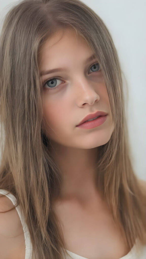 A (((professional photograph))) featuring a beautiful young teen girl with a sleek ((brown super long straight soft hair)), wearing a (((cotton tank top))), posing full body. Her lips are a vibrant (((red color))), and she has large, ((almond-shaped eyelashes)), that really compliment her features. Her skin is (fair), with (pale) cheeks that match her eyes perfectly. She exudes an air of (magnificence) and attention to detail, make her look like a model in fromt he teen years. A close up shot, head bust, capturing her perfectly serene yet vivacious essence.
