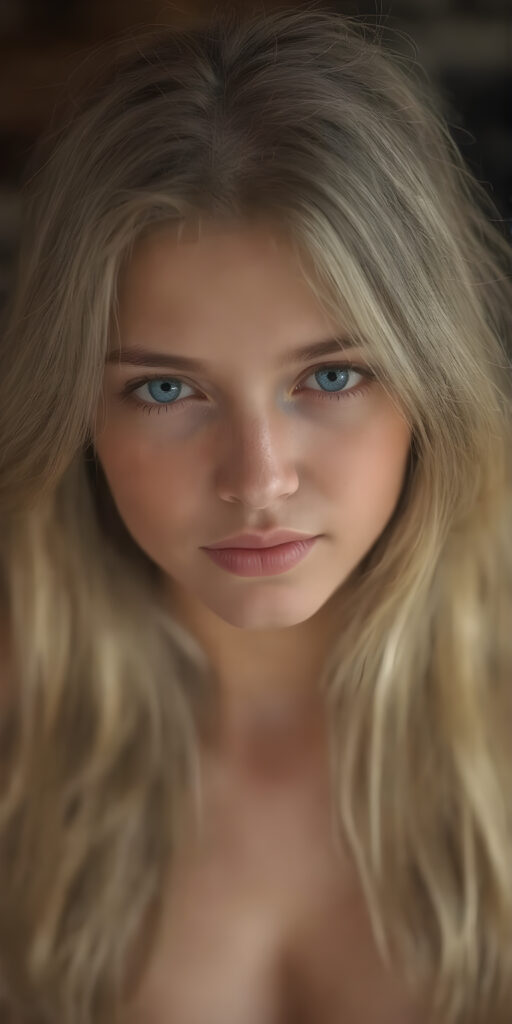 A (((professional full body photograph ))) showcasing a (((beautiful, seductive, and charming young teen girl))) with a luxuriously long, straight blonde hair, framed by her ((thickly proportioned, yet incredibly toned and flawlessly proportioned body)), accentuated by a (full complement of natural, bright white teeth) and (no visible pores on her skin). She's exuding a youthful vibe with a (distinctive, yet subtle difference in the texture of her skin) that gives off an air of sophistication and seduction. Her eyes are a vivid and captivating (((light blue))), with the perfect complement of (big, bright white teeth) and (no visible pores on her skin), making for a truly breathtaking full body shot