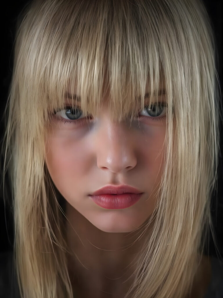 A (((professional photograph))) featuring a girl with beautifully straight, long, flowing blond hair framing her face, intricate details and patterns that mimic the texture of skin, with perfectly symmetrical, evenly spaced bangs that extend gracefully outwards. Her lips are full, painted in dramatic red color contrasted by the black background, creating a stunningly visual impact