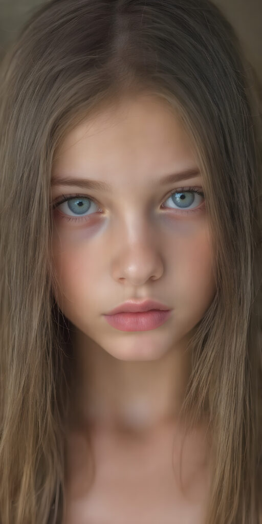 A (((professional photograph))) featuring a beautiful young teen girl with a sleek ((brown super long straight soft hair)), wearing a (((cotton tank top))), posing full body. Her lips are a vibrant (((red color))), and she has large, ((almond-shaped eyelashes)), that really compliment her features. Her skin is (fair), with (pale) cheeks that match her eyes perfectly. She exudes an air of (magnificence) and attention to detail, make her look like a model in fromt he teen years. A close up shot, head bust, capturing her perfectly serene yet vivacious essence.