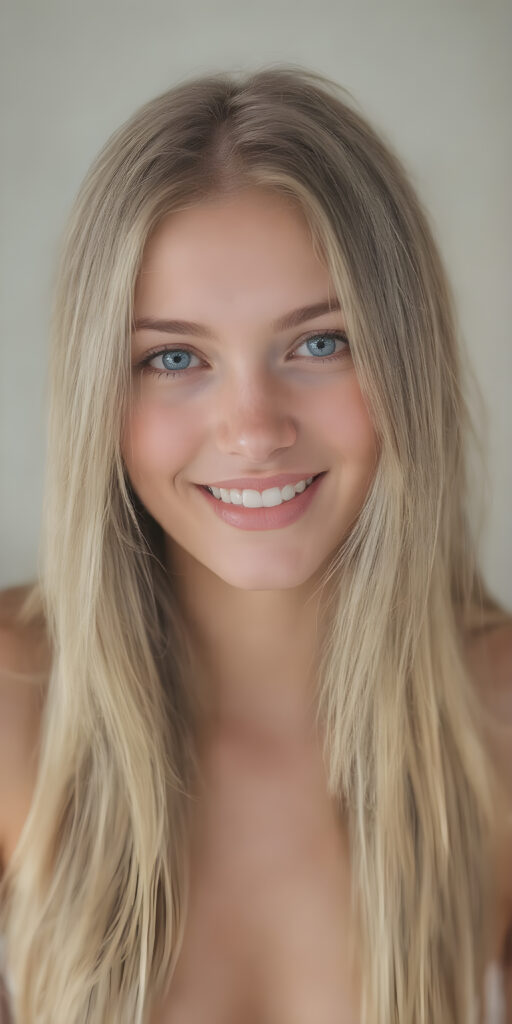 A (((professional full body photograph ))) showcasing a (((beautiful, seductive, and charming young teen girl))) with a luxuriously long, straight blonde hair, framed by her ((thickly proportioned, yet incredibly toned and flawlessly proportioned body)), accentuated by a (full complement of natural, bright white teeth) and (no visible pores on her skin). She's exuding a youthful vibe with a (distinctive, yet subtle difference in the texture of her skin) that gives off an air of sophistication and seduction. Her eyes are a vivid and captivating (((light blue))), with the perfect complement of (big, bright white teeth) and (no visible pores on her skin), making for a truly breathtaking full body shot