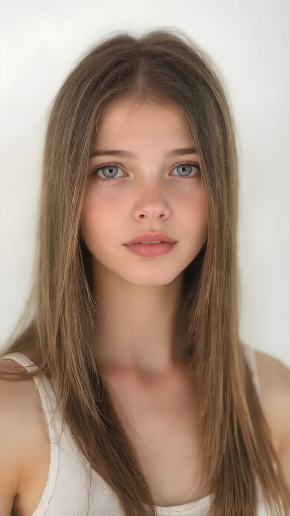 A (((professional photograph))) featuring a beautiful young teen girl with a sleek ((brown super long straight soft hair)), wearing a (((cotton tank top))), posing full body. Her lips are a vibrant (((red color))), and she has large, ((almond-shaped eyelashes)), that really compliment her features. Her skin is (fair), with (pale) cheeks that match her eyes perfectly. She exudes an air of (magnificence) and attention to detail, make her look like a model in fromt he teen years. A close up shot, head bust, capturing her perfectly serene yet vivacious essence.