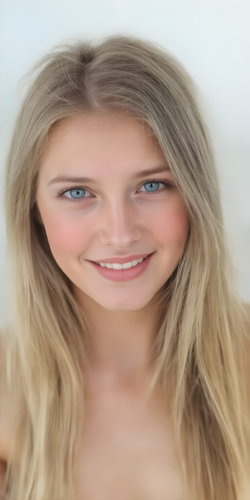 A (((professional full body photograph ))) showcasing a (((beautiful, seductive, and charming young teen girl))) with a luxuriously long, straight blonde hair, framed by her ((thickly proportioned, yet incredibly toned and flawlessly proportioned body)), accentuated by a (full complement of natural, bright white teeth) and (no visible pores on her skin). She's exuding a youthful vibe with a (distinctive, yet subtle difference in the texture of her skin) that gives off an air of sophistication and seduction. Her eyes are a vivid and captivating (((light blue))), with the perfect complement of (big, bright white teeth) and (no visible pores on her skin), making for a truly breathtaking full body shot