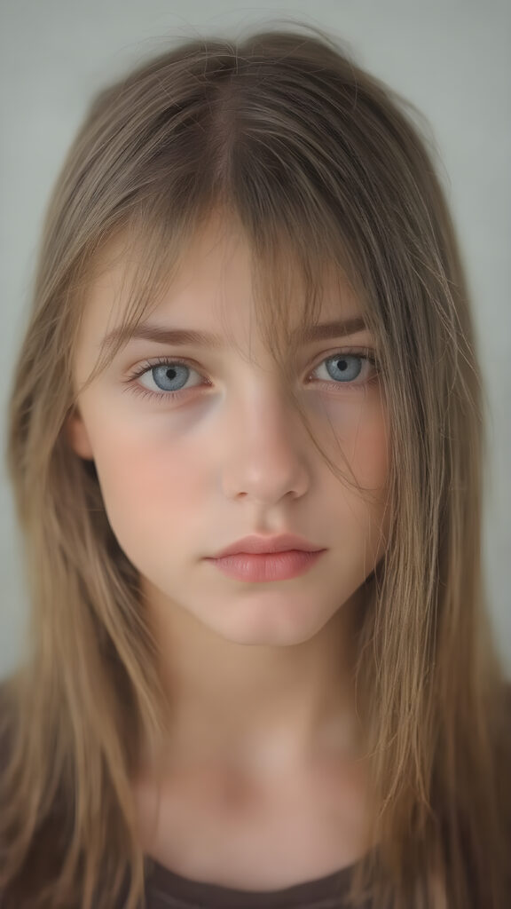 A (((professional photograph))) featuring a beautiful young teen girl with a sleek ((brown super long straight soft hair)), wearing a (((cotton tank top))), posing full body. Her lips are a vibrant (((red color))), and she has large, ((almond-shaped eyelashes)), that really compliment her features. Her skin is (fair), with (pale) cheeks that match her eyes perfectly. She exudes an air of (magnificence) and attention to detail, make her look like a model in fromt he teen years. A close up shot, head bust, capturing her perfectly serene yet vivacious essence.