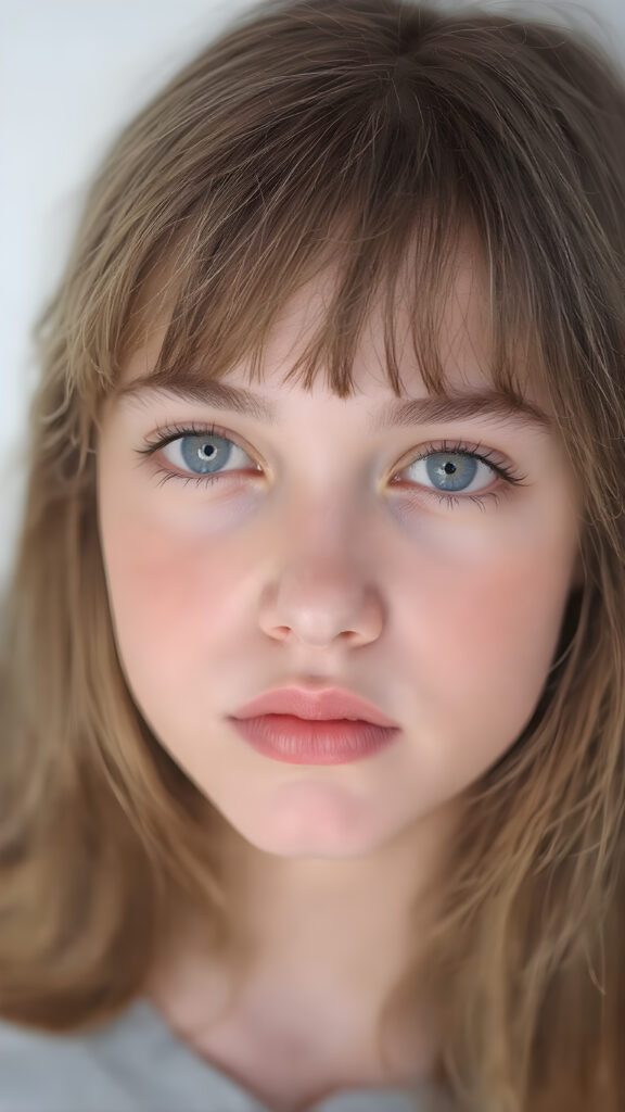 A (((professional photograph))) featuring a beautiful young teen girl with ((brown straight soft hair)), wearing a (((cotton tank top))), posing full body. Her lips are a vibrant (((red color))), and she has large, ((almond-shaped eyelashes)), that really compliment her features. Her skin is (fair), with (pale) cheeks that match her eyes perfectly. She exudes an air of (magnificence) and attention to detail, make her look like a model in teen years. A close up shot, head bust, capturing her perfectly serene yet vivacious essence.